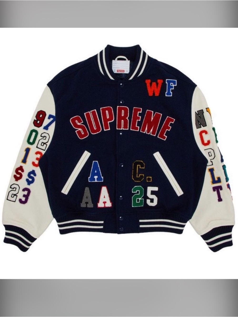 Supreme Navy and White Varsity Letterman Jacket with Multicolor Patches sz Large